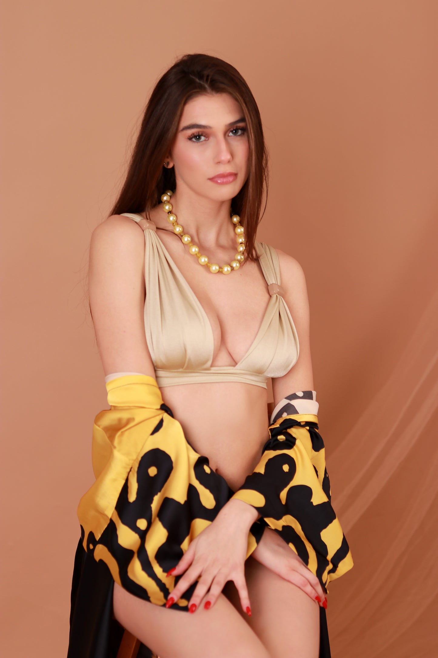 Lovran Love bikini top in Golden Pearl color by Paraima Opatija with kimono Black Golddess