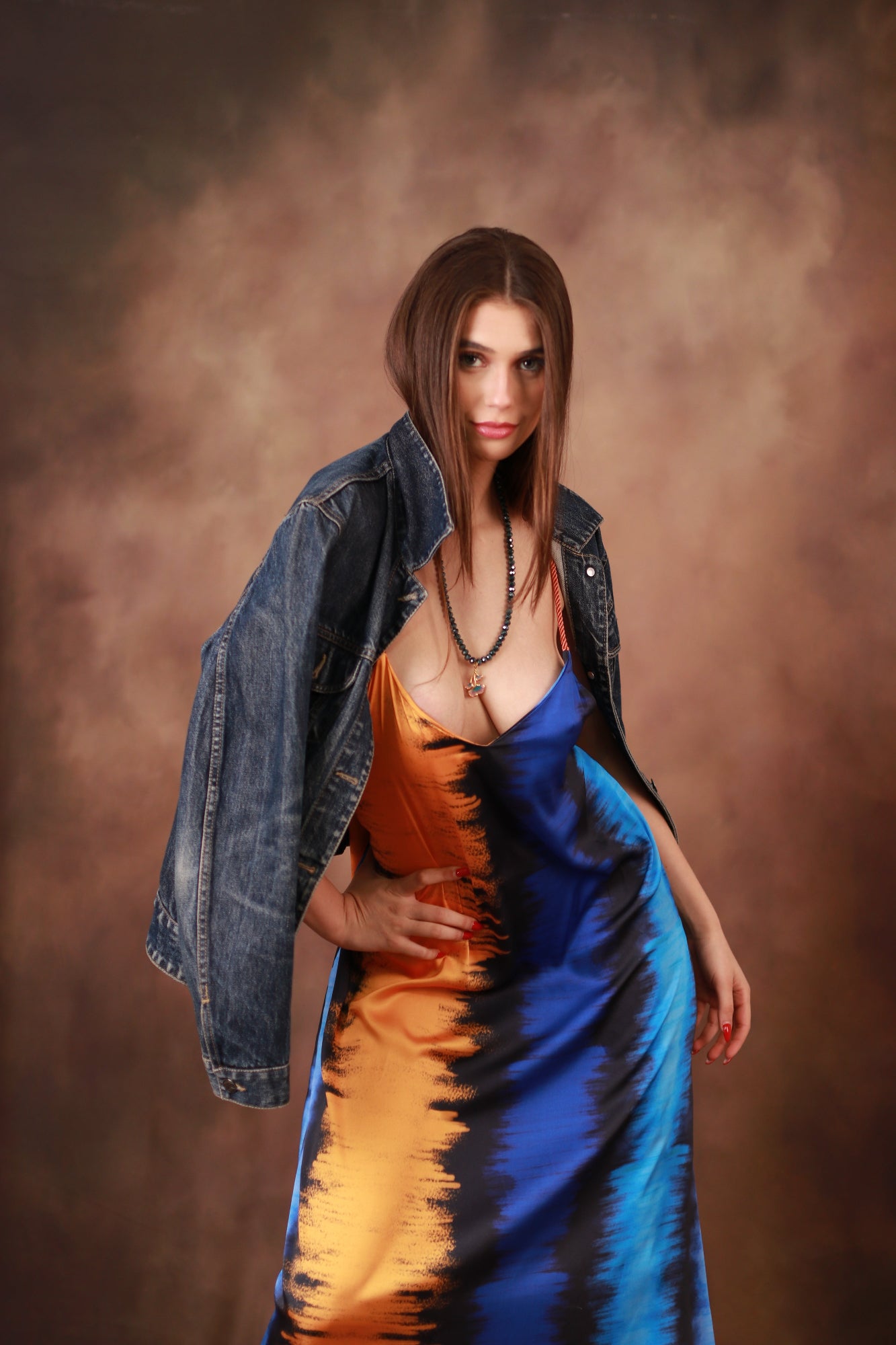 PARAÏMA NOCTURNO DRESS FRONT VIEW UPSTYLED WITH A JEANS JACKET