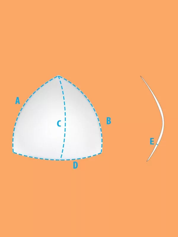 Diagram of a bikini and bra pad with labeled points for measurements and thickness
