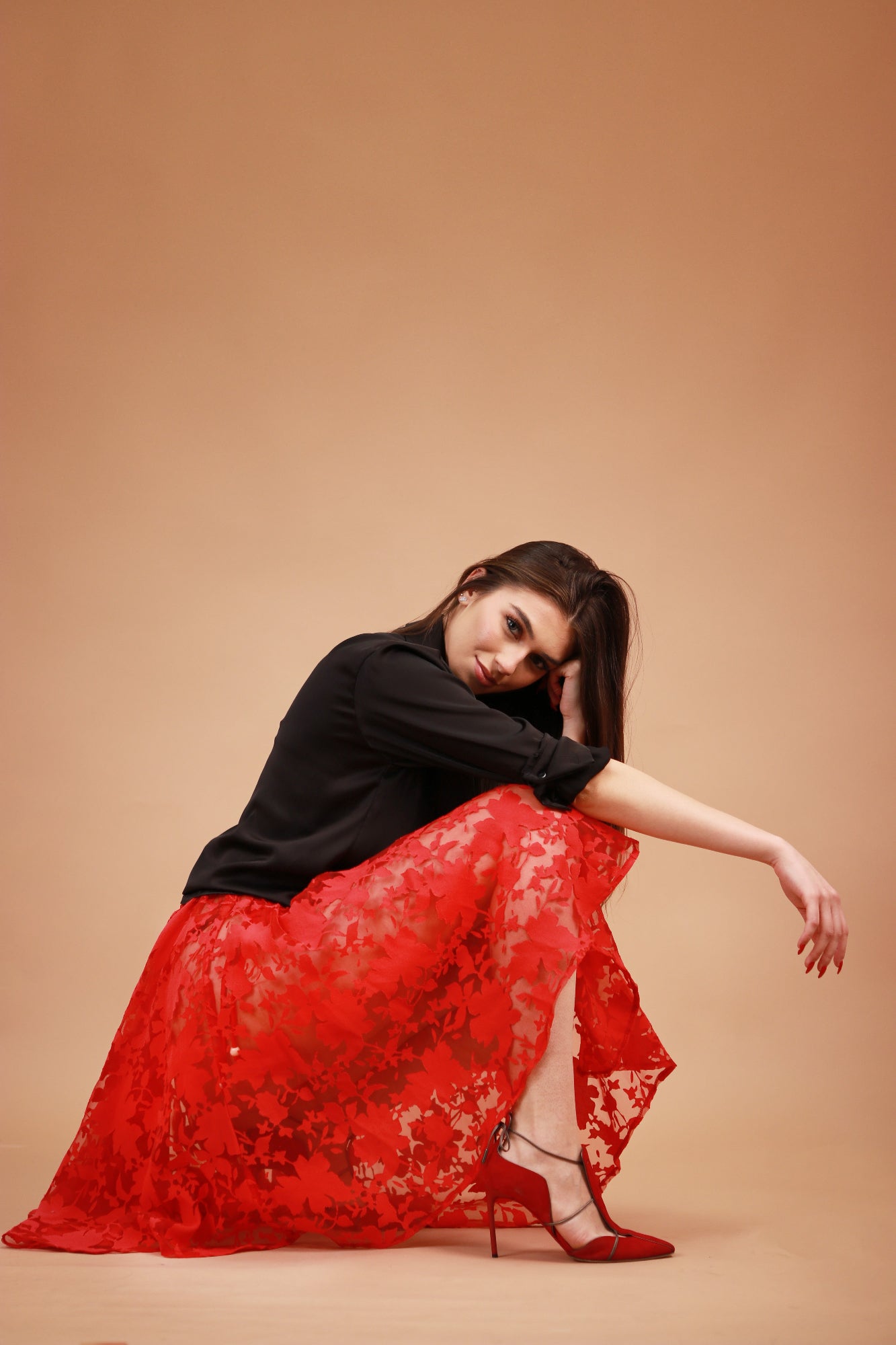 PARAÏMA RED SKIRT WITH LEAVES FULL CIRCLE
