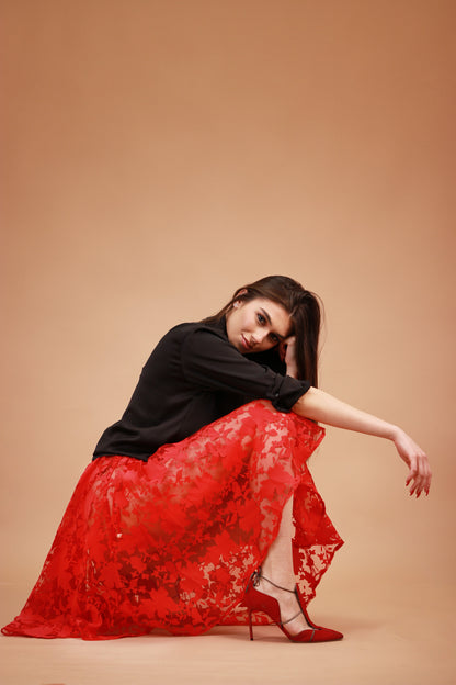 PARAÏMA RED SKIRT WITH LEAVES FULL CIRCLE