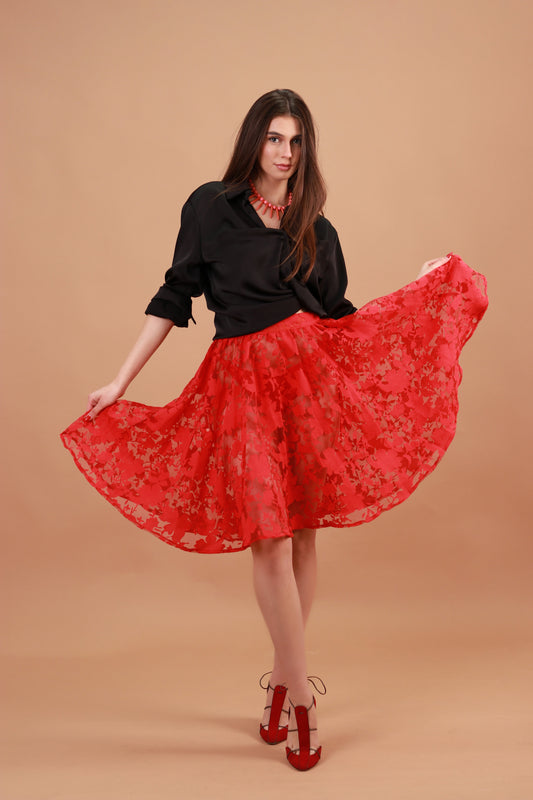 PARAÏMA RED SEE-THROUGH SKIRT WITH LEAVES