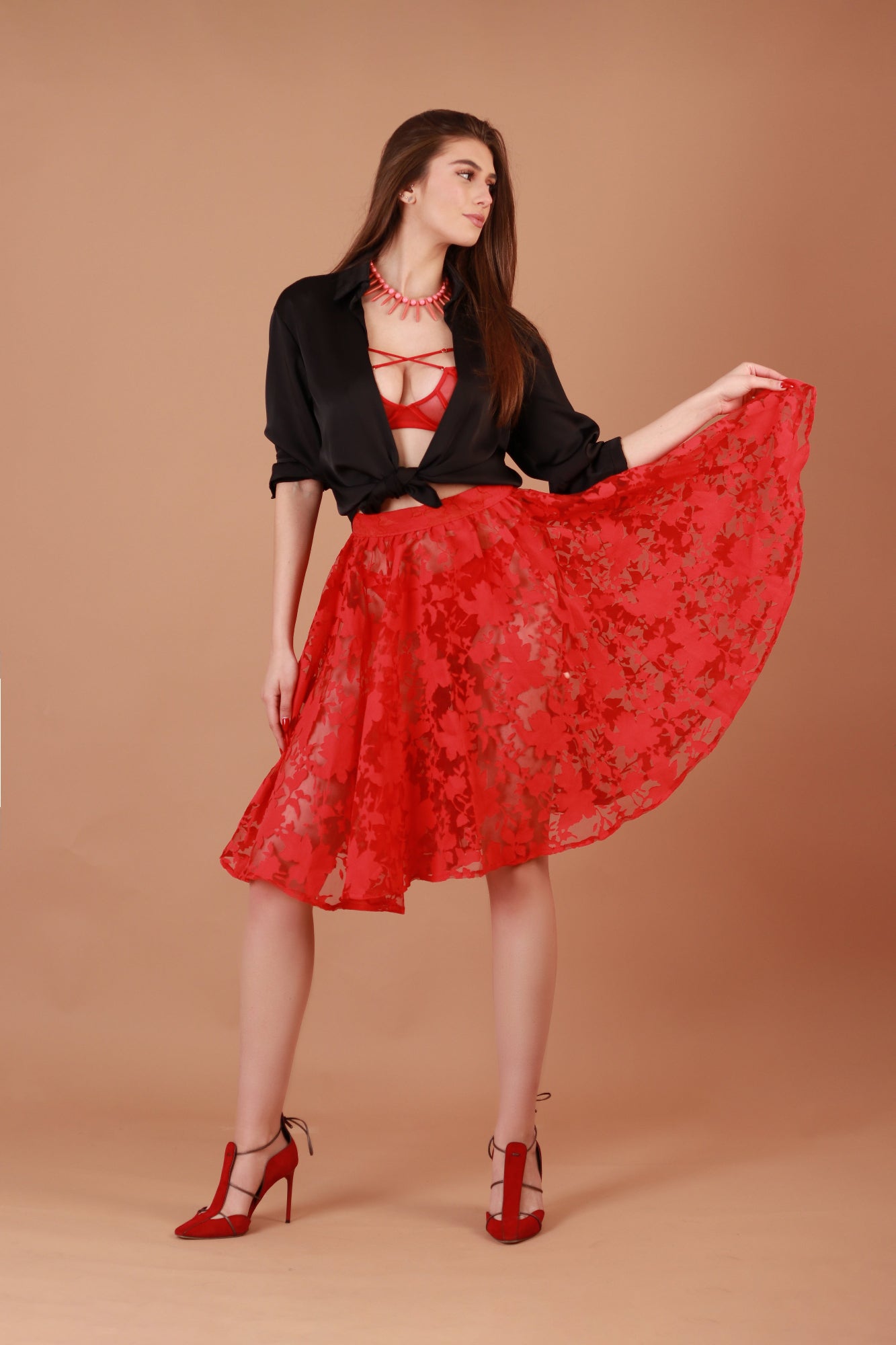 PARAÏMA RED SKIRT WITH LEAVES